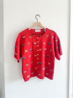 Vintage 90s Marisa Christina Red Embroidered Bug Short Sleeve Cardigan Small